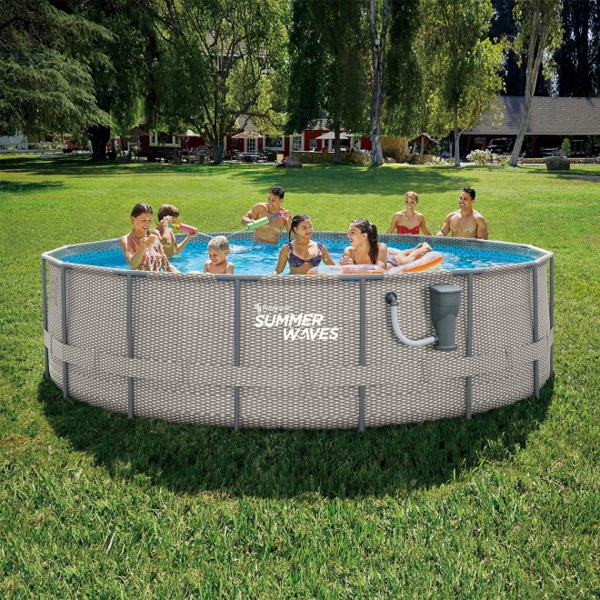 Summer Waves Active Metal Frame 16 Foot x 48 Inch Round Above Ground Wicker Gray Swimming Pool Set with Skimmer Plus Pool Filter Pump and Type C Filter Cartridge, Gray Rattan