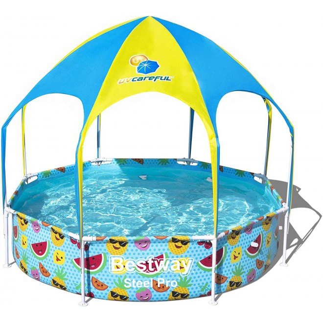 Bestway 8ft x 20in Splash in Shade Kids Spray Play Swimming Pool with UV Shade Canopy, Fruit Print