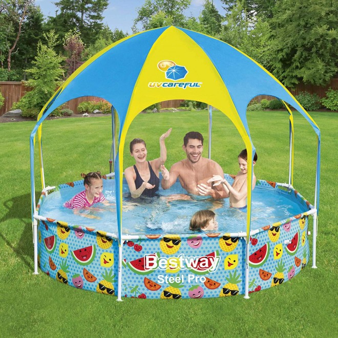 Bestway 8ft x 20in Splash in Shade Kids Spray Play Swimming Pool with UV Shade Canopy, Fruit Print