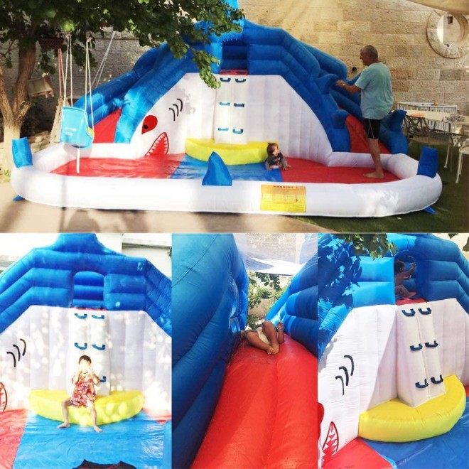 YARD Inflatable Waterslide Bounce House Dual Water Slide Park Kids Shark Theme Backyard Water Park, Splashing Pool & Climbing Wall, Durable Sewn with Blower, Carry Bag, Repair Kit, Stakes, Hose