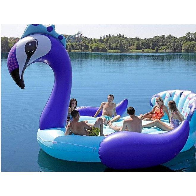 SUOMO Outdoor Play 6 Person Inflatable Giant Peacock Pool Float Island Swimming Pool Lake Beach Party Floating Boat Adult Water Toys Air Mattresses, 530 470 210cm (Color : Blue)