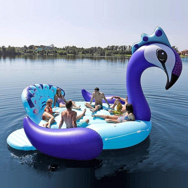 SUOMO Outdoor Play 6 Person Inflatable Giant Peacock Pool Float Island Swimming Pool Lake Beach Party Floating Boat Adult Water Toys Air Mattresses, 530 470 210cm (Color : Blue)