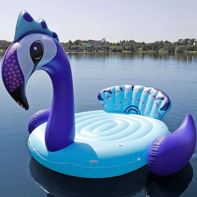 SUOMO Outdoor Play 6 Person Inflatable Giant Peacock Pool Float Island Swimming Pool Lake Beach Party Floating Boat Adult Water Toys Air Mattresses, 530 470 210cm (Color : Blue)