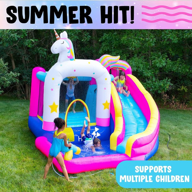 Bounce House Waterslide | Giant Inflatable Water Bounce House with Trampoline and Pool | Unicorn Bounce House Water Slide | Heavy Duty | Easy to Set Up | Included Air Pump and Carry Bag