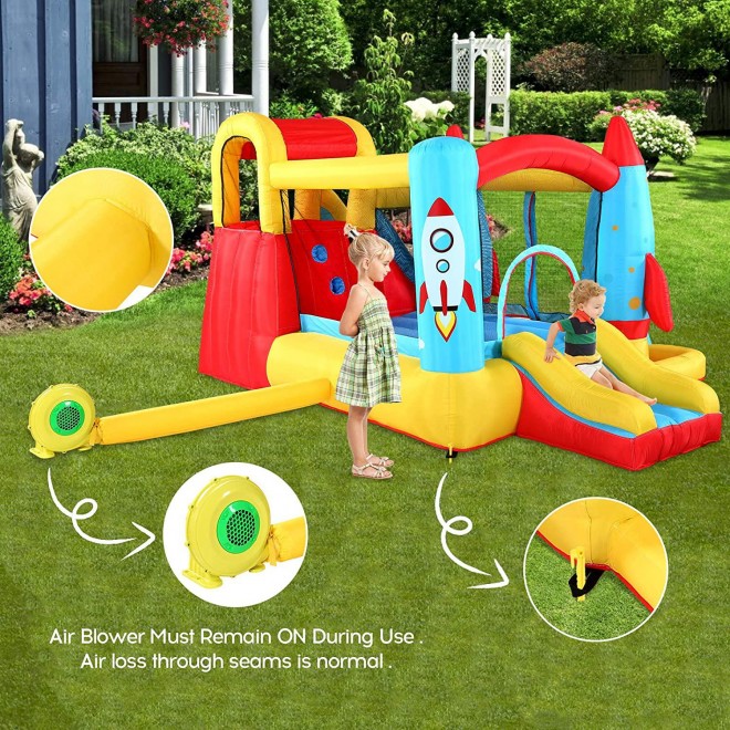 Bounce House with Air Blower,7 in 1 Water Slide Park/Castle Theme Inflatable Bounce House for Kids, Climbing Wall,Trampoline Area,2X Fun Slide, Splash Pool, Carry Bag& Repair Kit (Castle Theme)
