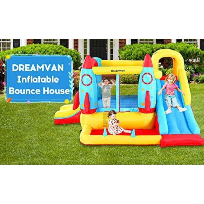 Bounce House with Air Blower,7 in 1 Water Slide Park/Castle Theme Inflatable Bounce House for Kids, Climbing Wall,Trampoline Area,2X Fun Slide, Splash Pool, Carry Bag& Repair Kit (Castle Theme)