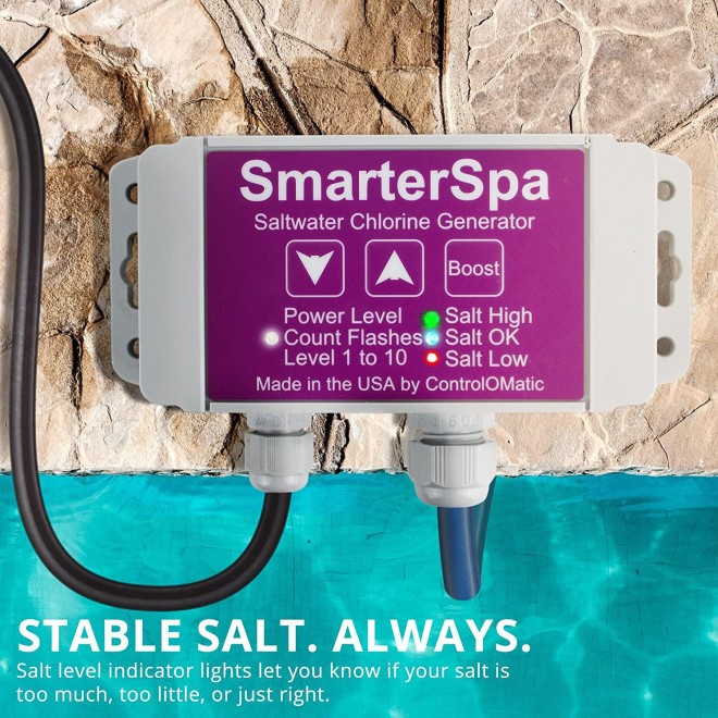 ControlOMatic SmarterSpa Saltwater Smart Chlorine Generation System for Pools, Hot Tubs, and Spas up to 1,000 Gallons - 30 Gram Maximum Daily Chlorine Generation, Built-in Chlorine Detection