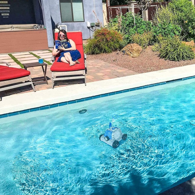 OT QOMOTOP Robotic Pool Cleaner, Cordless Automatic Pool Cleaner with 5000mAh Rechargeable Battery, 90 Mins Working Time, IPX8 Waterproof, Ideal for In-Ground/Above Ground Swimming Pool, Blue