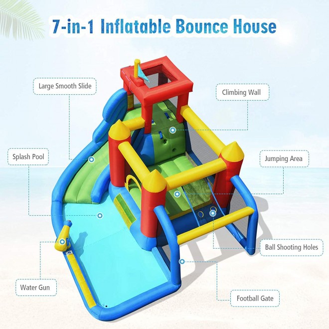 BOUNTECH Inflatable Bounce House, 7 in 1 Water Slide Park w/ Jumping Area, Climbing Wall, Splash Pool, Cannon, Ball Gate, Including Carry Bag, Repair Kit, Stakes (with 740W Air Blower)