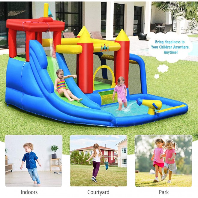 BOUNTECH Inflatable Bounce House, 7 in 1 Water Slide Park w/ Jumping Area, Climbing Wall, Splash Pool, Cannon, Ball Gate, Including Carry Bag, Repair Kit, Stakes (with 740W Air Blower)