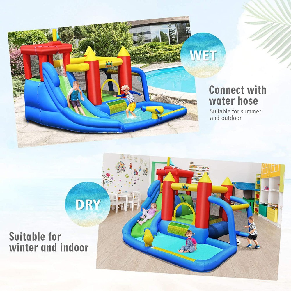 Stake Including Carry Bag BOUNTECH Inflatable Bounce House With 740W Air Blower Mighty 7 in 1 Water Slide Park w/ Jumping Area Water Cannon Ocean Ball Splash Pool Climb Wall Repair Kit Hose 