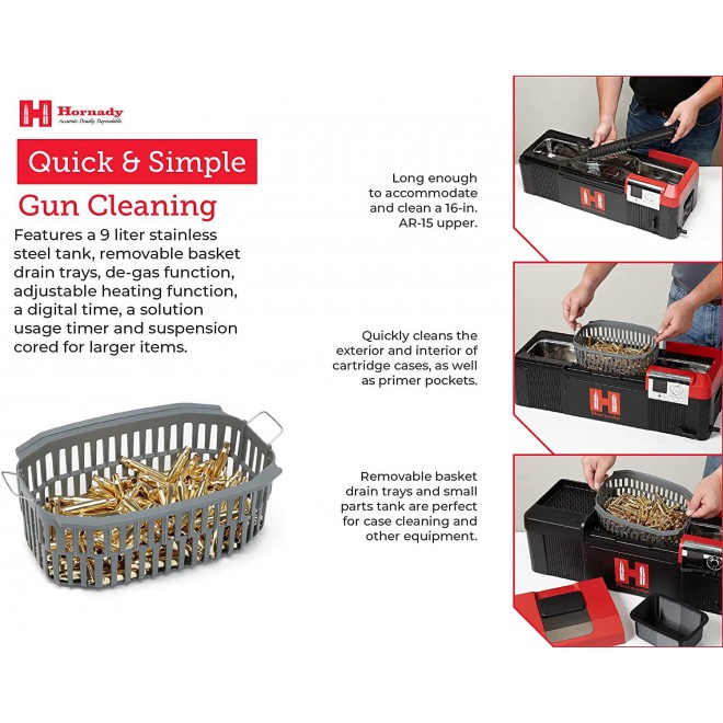 Hornady Lock-N-Load Hot Tub Sonic Cleaner – Clean Cases, Guns, Gun Parts and Equipment – Removes Carbon Residue, Tarnish and Oxidation – 9L Tank, Black