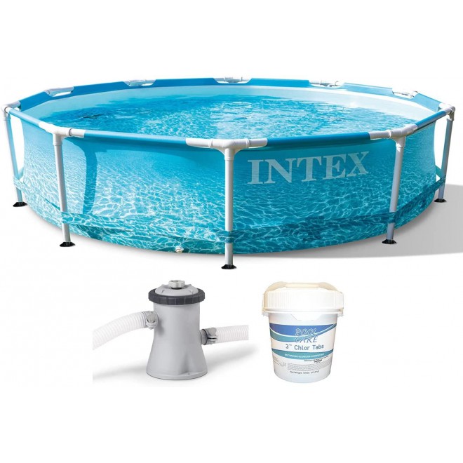 Intex 28207EH 10 Feet x 30 Inch Steel Metal Frame Outdoor Backyard Above Ground Swimming Pool Kit with Filter Pump & 3 Inch Chlorine Tabs, 10 lbs