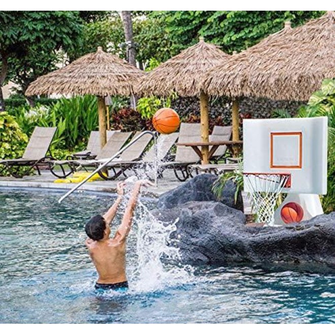 POOL SHOT Rock the House Poolside Basketball Hoop with Powder Coated Hoop, Stainless Steel Hardware, and 2 Basketballs - In Ground or Above Ground Pool Basketball Hoop