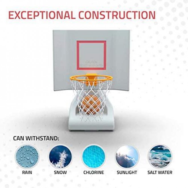 POOL SHOT Rock the House Poolside Basketball Hoop with Powder Coated Hoop, Stainless Steel Hardware, and 2 Basketballs - In Ground or Above Ground Pool Basketball Hoop