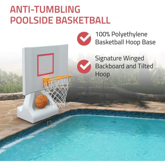 POOL SHOT Rock the House Poolside Basketball Hoop with Powder Coated Hoop, Stainless Steel Hardware, and 2 Basketballs - In Ground or Above Ground Pool Basketball Hoop