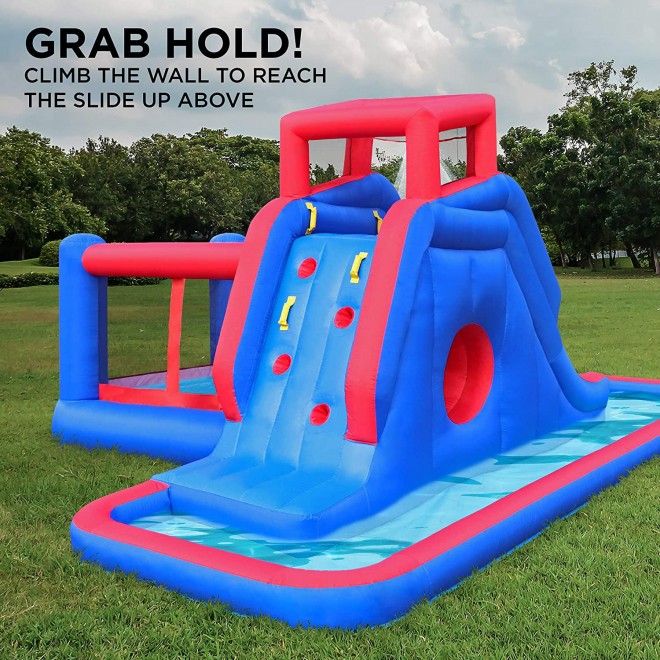 Deluxe Inflatable Water Slide Park – Heavy-Duty Nylon Bounce House for Outdoor Fun - Climbing Wall, Slide, Bouncer & Splash Pool – Easy to Set Up & Inflate with Included Air Pump & Carrying Case