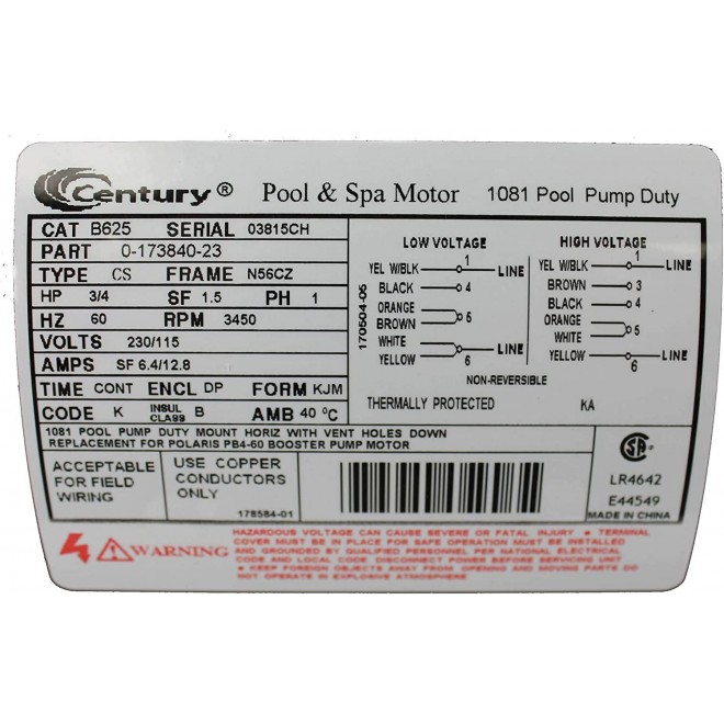 A.O. Smith Century B625 3/4HP 3450RPM 115/230V Polaris PB460 Booster Pump Motor