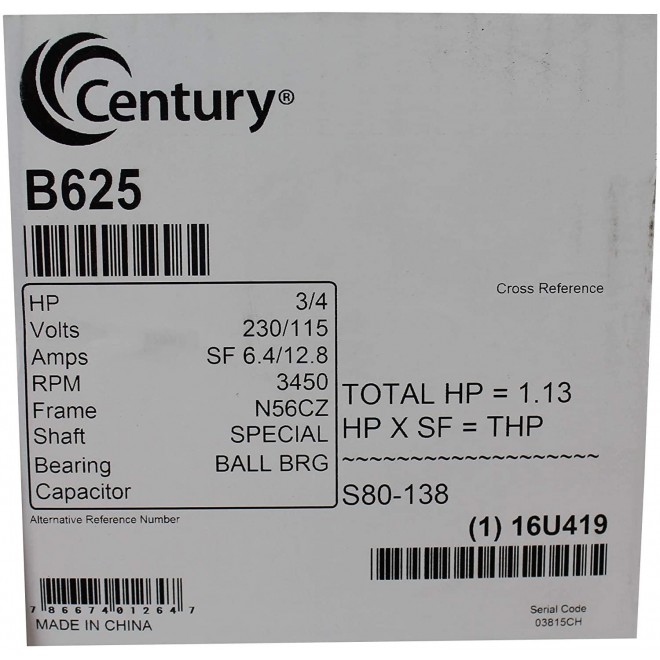 A.O. Smith Century B625 3/4HP 3450RPM 115/230V Polaris PB460 Booster Pump Motor