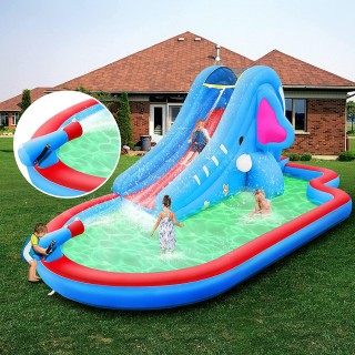 Inflatable Water Slide,Outdoor Inflatable Bounce House With Slide for Wet and Dry,Playground Sets for Backyards,Splash Pool & Water Guns,Elephant Inflatable Water Park For Kids (with 550w Blower)