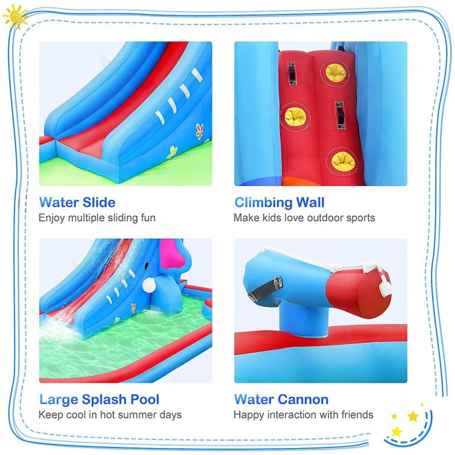 Inflatable Water Slide,Outdoor Inflatable Bounce House With Slide for Wet and Dry,Playground Sets for Backyards,Splash Pool & Water Guns,Elephant Inflatable Water Park For Kids (with 550w Blower)