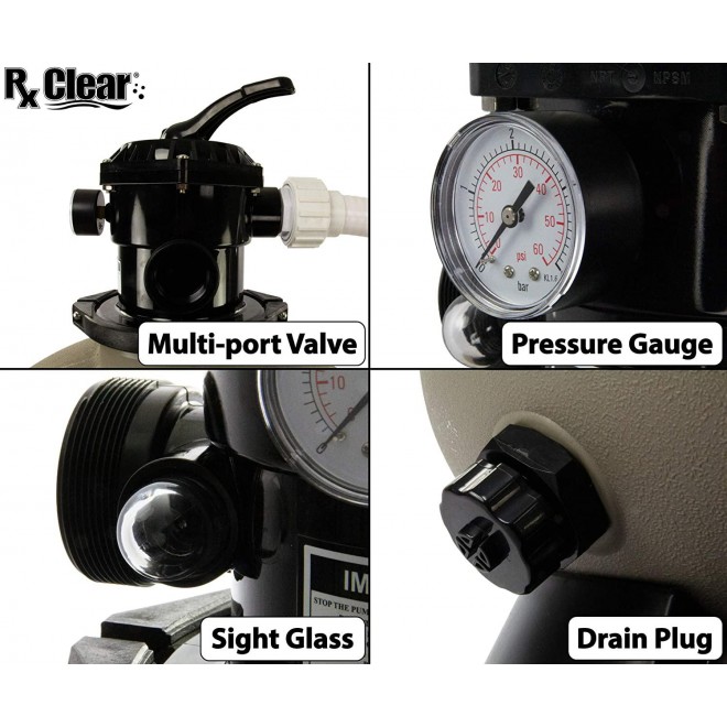 Rx Clear Radiant Sand Filter | for Above Ground Swimming Pools | 19 Inch Tank | 6-Position Valve | Comes with 1.5 Inch Threaded Connections | 175 Pound Sand Capacity | Up to 21,000 Gallons