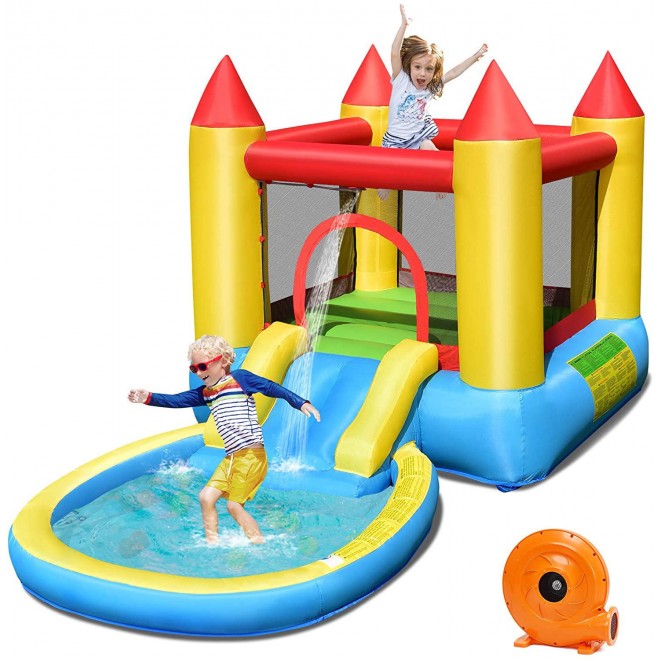 Costzon Inflatable Bounce House, Castle Jumping Bouncer with Water Slide, Splashing Water Pool, Including Oxford Carry Bag, Repairing Kit, Stakes, Water Hose, Ocean Balls (with 580W Air Blower)