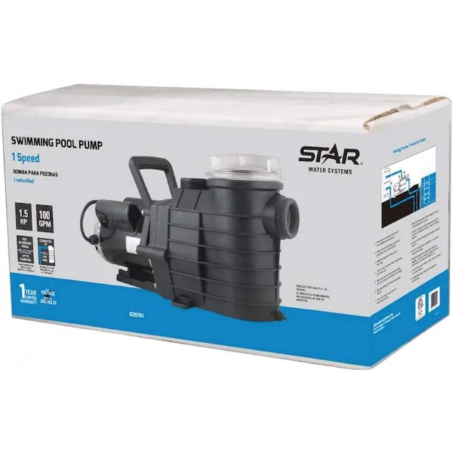 Star 025191 High Performance Pool Pump (1-1/2 HP Single Speed) Pump for Swimming Pools up to 53,000 Gallons, In Ground or Above Ground, 6,000 GPH