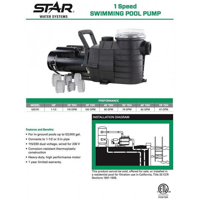 Star 025191 High Performance Pool Pump (1-1/2 HP Single Speed) Pump for Swimming Pools up to 53,000 Gallons, In Ground or Above Ground, 6,000 GPH