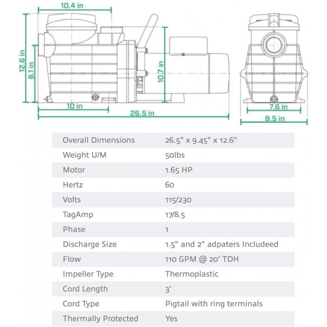 Star 025191 High Performance Pool Pump (1-1/2 HP Single Speed) Pump for Swimming Pools up to 53,000 Gallons, In Ground or Above Ground, 6,000 GPH