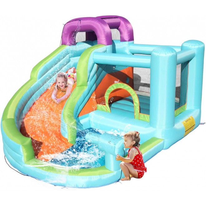 Inflatable Bounce House, 6 in 1 Water Slide Park w/Jumping Area, Climbing Wall, Cannon, Including Carry Bag, Repair Kit, Stakes for Kids Outdoor (Upgrade Version)