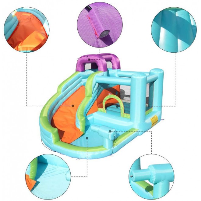Inflatable Bounce House, 6 in 1 Water Slide Park w/Jumping Area, Climbing Wall, Cannon, Including Carry Bag, Repair Kit, Stakes for Kids Outdoor (Upgrade Version)