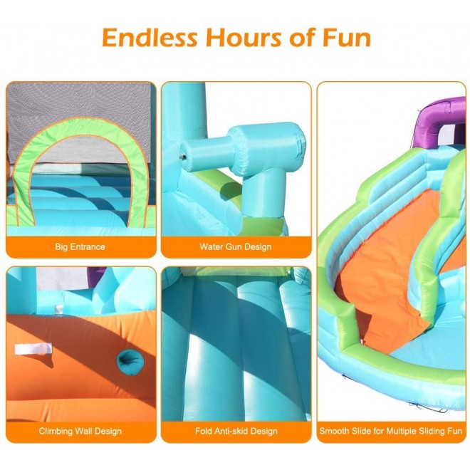 Inflatable Bounce House, 6 in 1 Water Slide Park w/Jumping Area, Climbing Wall, Cannon, Including Carry Bag, Repair Kit, Stakes for Kids Outdoor (Upgrade Version)