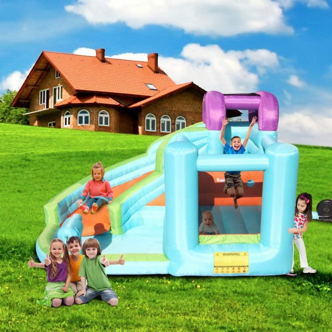 Inflatable Bounce House, 6 in 1 Water Slide Park w/Jumping Area, Climbing Wall, Cannon, Including Carry Bag, Repair Kit, Stakes for Kids Outdoor (Upgrade Version)