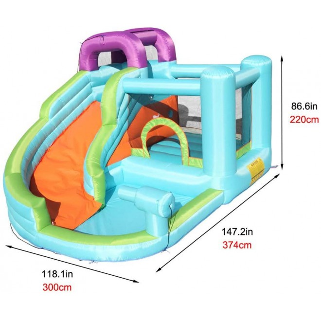Inflatable Bounce House, 6 in 1 Water Slide Park w/Jumping Area, Climbing Wall, Cannon, Including Carry Bag, Repair Kit, Stakes for Kids Outdoor (Upgrade Version)