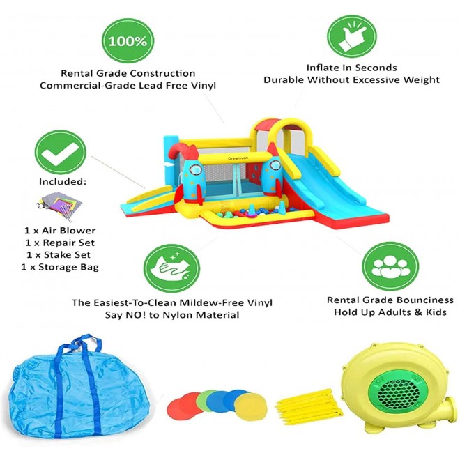 HYPOAI Inflatable Bounce House for Kids,Jumping Castle Slide with Blower,Kids Bouncer with Large Bouncing Area,2 Slides,Climbing Wall,Fun Pool,Castle Bounce House Kids Party Theme