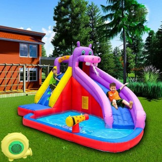 CATLXC Hippo Themed Large Inflatable Water Slides PVC Thick Outdoor Pool for Kids