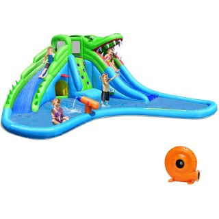 Costzon Inflatable Water Slide, Giant 7 in 1 Crocodile Water Park w/Double Slides, Climb Wall, Large Splashing Pool, Basketball Rim, Water Cannon& Tunnel, Bounce House for Kids (with 780W Air Blower)