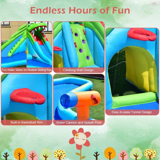 Costzon Inflatable Water Slide, Giant 7 in 1 Crocodile Water Park w/Double Slides, Climb Wall, Large Splashing Pool, Basketball Rim, Water Cannon& Tunnel, Bounce House for Kids (with 780W Air Blower)