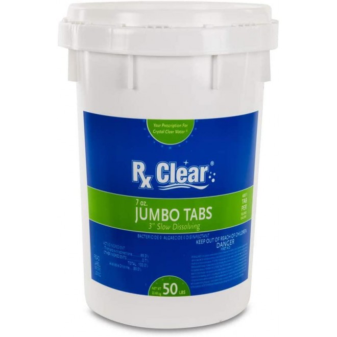 Rx Clear 3-Inch Individually Wrapped Chlorine Tablets | One 50-Pound Bucket | Use As Bactericide, Algaecide, and Disinfectant in Swimming Pools and Spas | Slow Dissolving and UV Protected