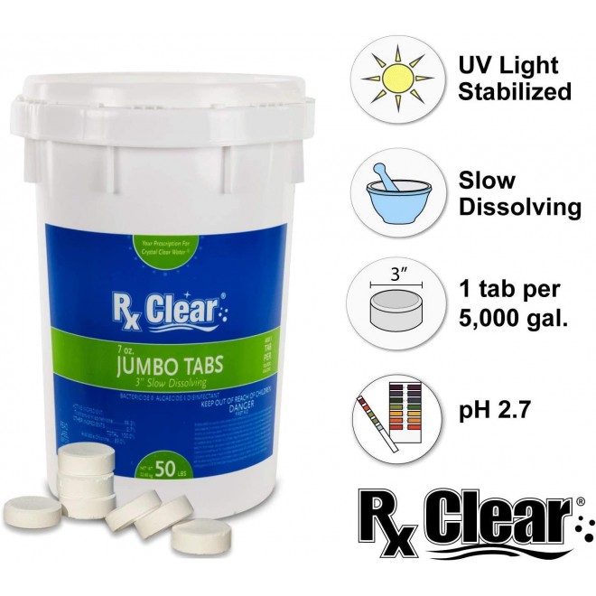 Rx Clear 3-Inch Individually Wrapped Chlorine Tablets | One 50-Pound Bucket | Use As Bactericide, Algaecide, and Disinfectant in Swimming Pools and Spas | Slow Dissolving and UV Protected