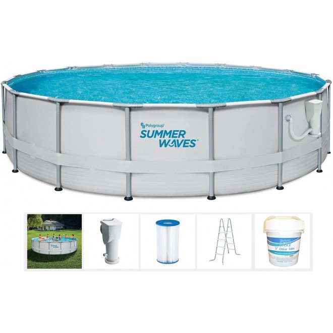 Summer Waves 14 Foot x 36 Inch Metal Frame Outdoor Backyard Above Ground Swimming Pool Set with Filter Pump, Ladder, Patch Kit & 3