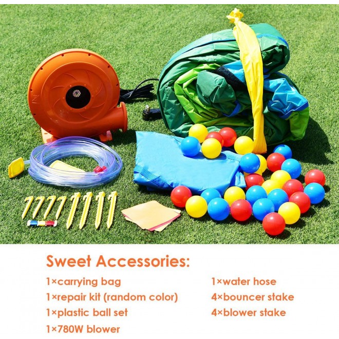 GOFLAME 7 in 1 Inflatable Water Slide, Jungle Theme Inflatable Bounce House with Two Slides, Jumping Area, Large Splash Pool, Water Cannon, Water Slide Pool Water Park for Kids (with 780W Air Blower)