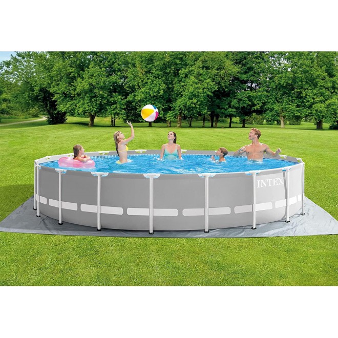 Intex 26731EH 18ft x 48in Outdoor Prism Frame Above Ground Swimming Pool Set with Cover, Ladder, Filter Pump, and 6 Replacement Filters, Gray