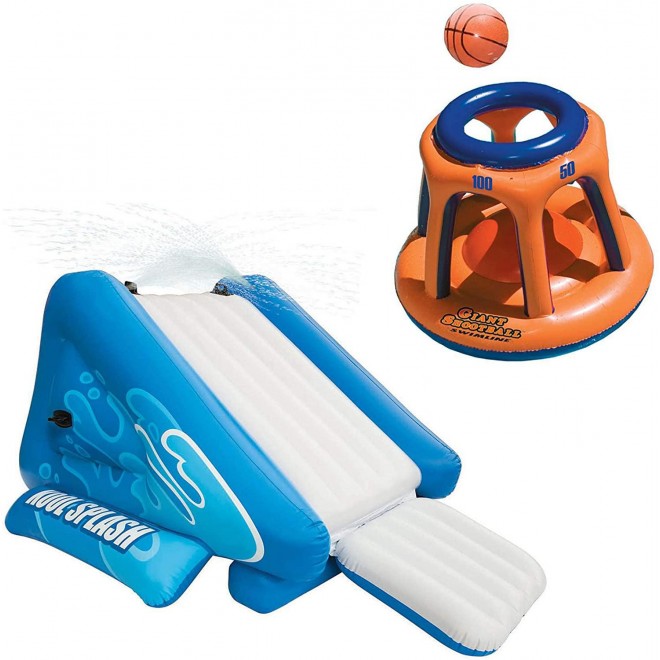Intex Kool Splash Inflatable Swimming Pool Water Slide & Giant Basketball Hoop