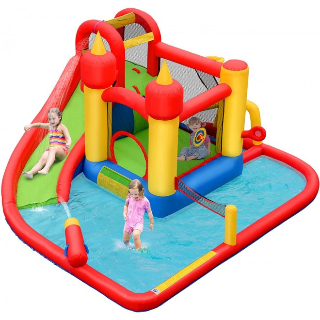 BOUNTECH Inflatable Bounce House, Mighty 7 in 1 Water Slide Park w/ Jumping Area, Climb Wall, Splash Pool, Water Cannon, Including Carry Bag, Ocean Balls, Repair Kit, Stake, Hose (Without Blower)
