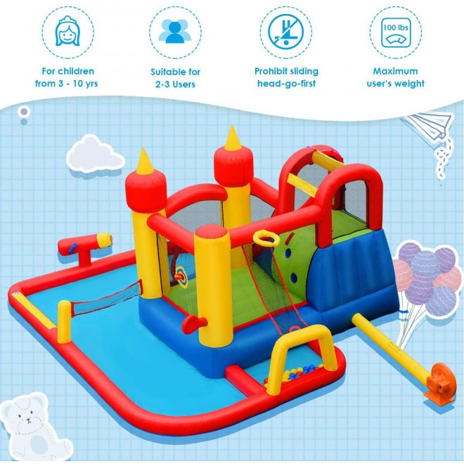 BOUNTECH Inflatable Bounce House, Mighty 7 in 1 Water Slide Park w/ Jumping Area, Climb Wall, Splash Pool, Water Cannon, Including Carry Bag, Ocean Balls, Repair Kit, Stake, Hose (Without Blower)