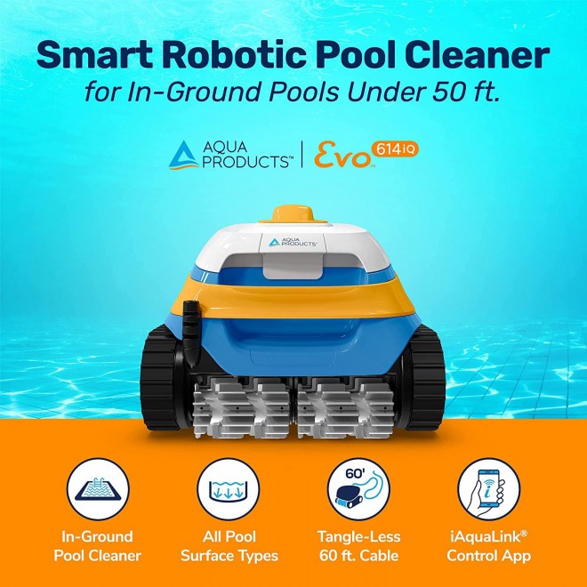 Aqua Products EVO614IQ Evo 614 iQ Automatic Robotic Cleaner with WiFi Connected App, Front and Back Brushes Designed to Climb, 60ft Cable with Swivel for In Ground Pools, Multicolor