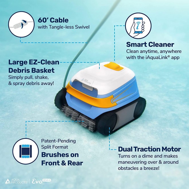 Aqua Products EVO614IQ Evo 614 iQ Automatic Robotic Cleaner with WiFi Connected App, Front and Back Brushes Designed to Climb, 60ft Cable with Swivel for In Ground Pools, Multicolor