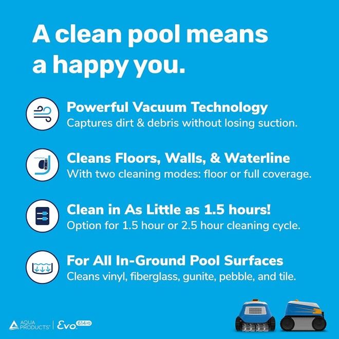 Aqua Products EVO614IQ Evo 614 iQ Automatic Robotic Cleaner with WiFi Connected App, Front and Back Brushes Designed to Climb, 60ft Cable with Swivel for In Ground Pools, Multicolor